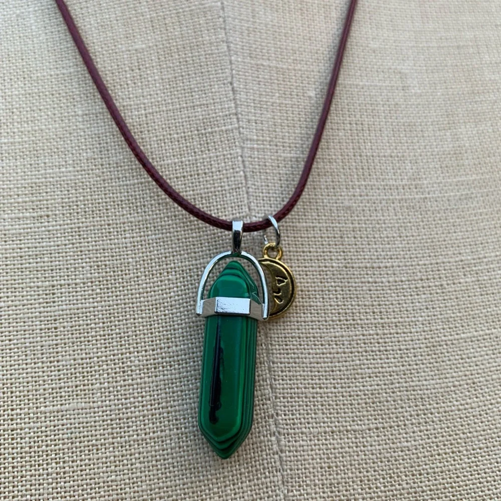 Handmade Malachite Dagger Tower Amulet with Moon Charm_5